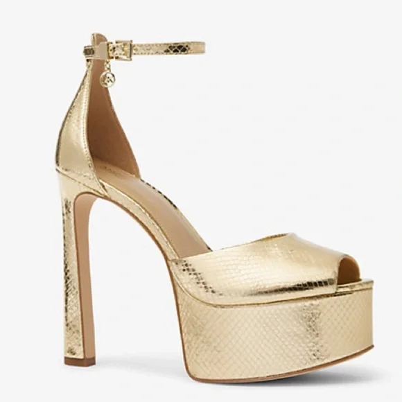 Michael Kors | Martina Metallic Snake Embossed Leather Peep-Toe Platform Pump - Picture 1 of 3